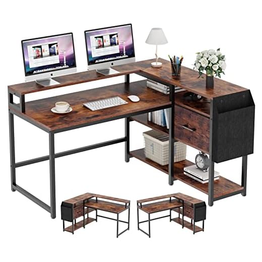 Loomie Reversible L Shaped Computer Desk with Drawer, 55" W x 41" D Industrial Corner Computer Desk with 4 Tier Storage Shelves & Monitor Stand and Storage Bag, Study Table for Home Office, Rustic