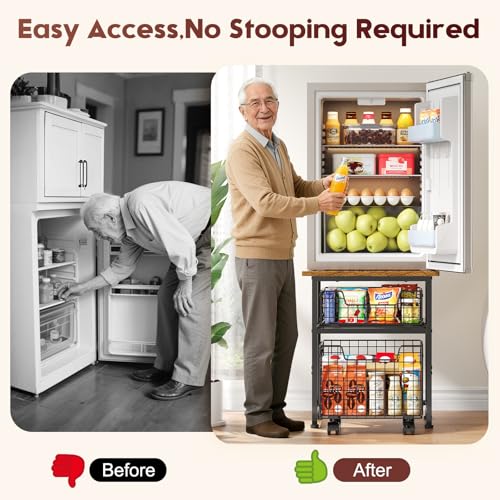 Image of Mini Fridge Stand with Storage, Small Refrigerator Stand with 2 Drawers, Mini Fridge Shelf Cabinet-Max Load 350 LBS Heavy Microwave Stand Mini Fridge Cart for Dorm, Apartment, Kitchen, (Brown)
