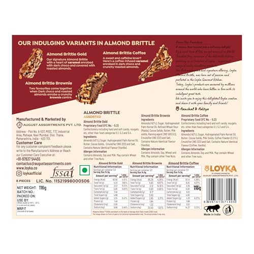 Image of Loyka Almond Brittle Assorted Choco Box - 8 pcs 116gm | Premium Chocolate Gift Hamper | Choco & Nut Dryfruit Delicacy | Roasted California Almonds (40%), Dark Choco & Salted Caramel |