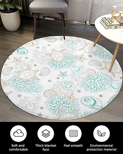 Round Carpet Plush Area Rug Ocean Cute Sea Turtle Coral Shell Starfish, Soft Shaggy Floor Mats Circular Furry Rugs Cartoon Art for Bedroom/Living Room/Nursery/Kids Room - Image 3