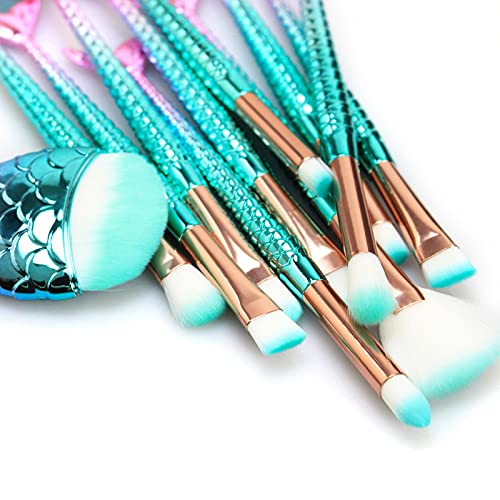 11PCS Makeup Brushes Set with Colorful Fish Tail Handle, Foundation Eyebrow Eyeliner Blush Cosmetic Concealer Brushes Women Girl Cute Make Up Tool Set