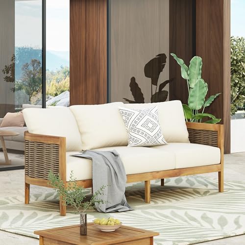 Merax PATIO FURNITURE SET Outdoor Acacia Wood Wicker 3 Seater Sofa, Patio Furniture Conversation Set thumb #2
