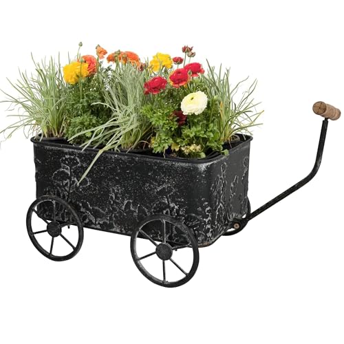 Zokyntrix Flower Cart with Wooden Handles, Metal Wagon Planters for Outdoor Plants, Garden Planter with Wagon Wheels, Decorative Wheelbarrow, Plant Cart for Patio Garden Balcony (Black)