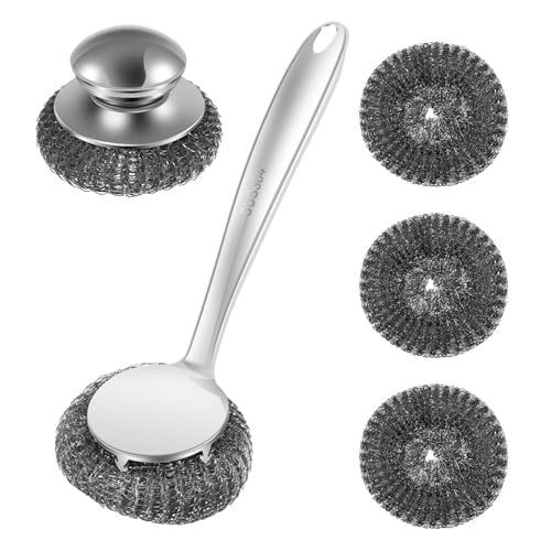 ZJRDYYK Stainless Steel Wool Scrubber with Handle, Handled Steel Wool Scrubber, Metal Scrubbers for Scouring Stubborn Messes from Cast Iron, Pots, Pans, Grill, Stoves, Sink (5PCS)