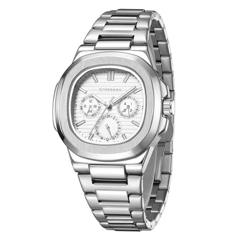 Image of GIORDANO Analog Multifunction Watch for Men - Textured Dial with Cushion Case, Luminous Index Markers, Stainless Steel Strap, Day & Date Display