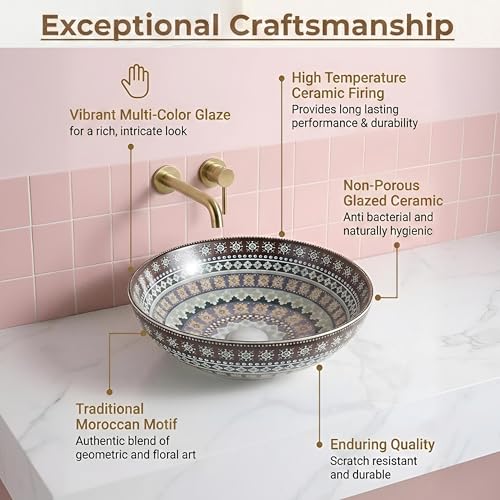 Image of BASSINO Designer Moroccan Ceramic Table Top Wash Basin /Multicolor Floral Art Bowl Sink for Bathroom /Handcrafted Round Countertop Washbasin for Office /Hotel(16 x 16 x 5 Inches)