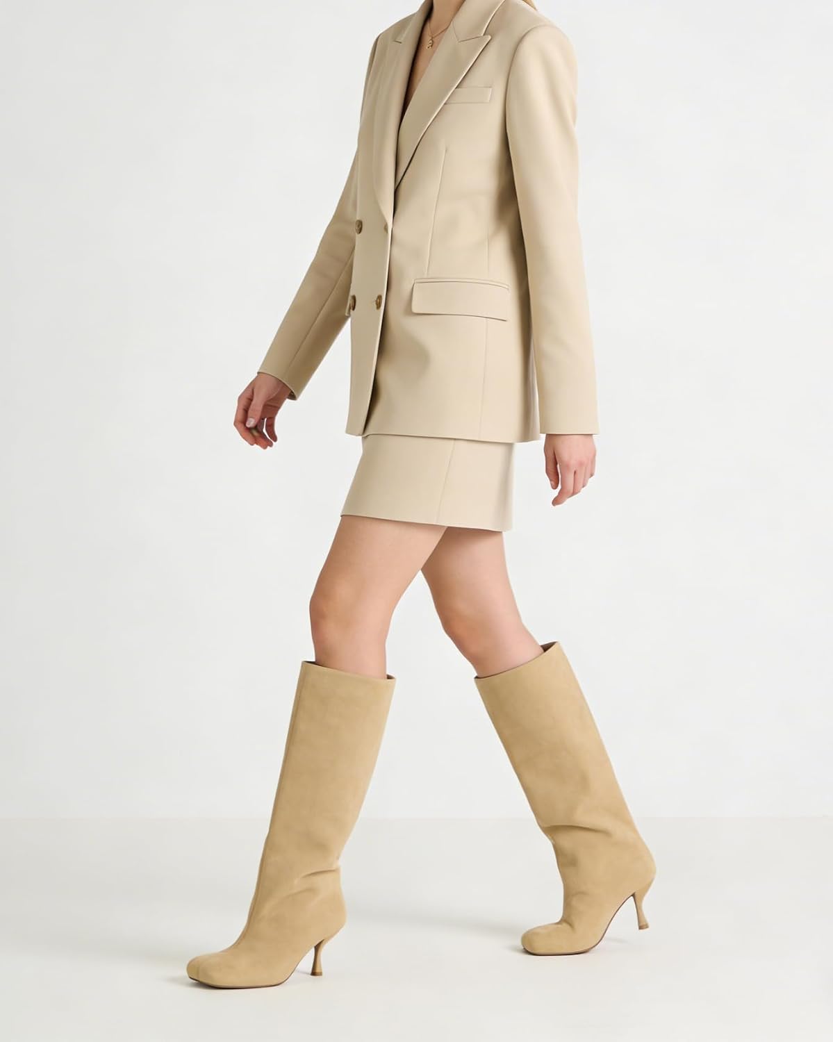 Women's Knee High Boots Nude Suede Wide Calf Stiletto Long Boots Pull On High Heel Riding Boots Fahion Dress Fall Tall Boots - Image 2