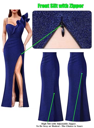 Image of VFSHOW Womens Ruffle One Shoulder Strap Ruched Formal Prom Wedding Maxi Dress V Neck Elegant Split Cocktail Evening Long Gown