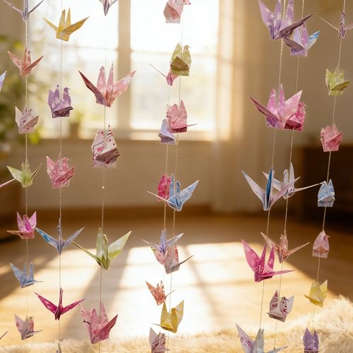 Image of Pink Cherry Blossom Crane Paper Hanging Garland(3stringsX 5.2ft), Japanese Origami Bird Streamers, Sakura Flower for Bridal Shower, Baby Shower Birthday Party Supplies. Garden Ceiling Decor