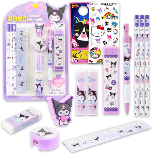 Kuromi School Supplies Pack - 11 Pc Bundle with Sanrio Hello Kitty & Friends Pencils & Topper Ruler Eraser Stickers More for Kids Girls