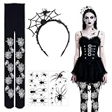 Sdhgerh Disfraz de araña de Halloween para mujer, juego de medias de telaraña, tatuajes faciales, Halloween, carnaval, accesorios