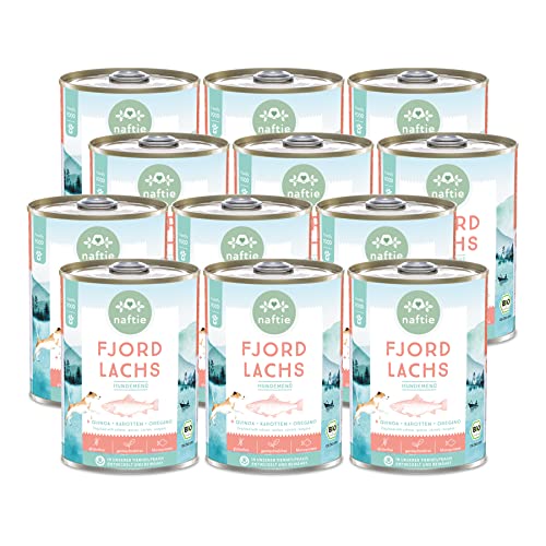 naftie Bio Hundefutter Fjord Lachs - Premium Nassfutter Menü mit Lachs-Fisch & Quinoa - getreidefrei glutenfrei - purinarm - Diät-Futter - 12x 400g