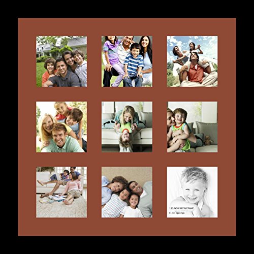 ArtToFrames Collage Photo Frame Single Mat with 9-4x4 Openings with Satin Black Frame and Cognac mat.