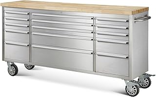 Ondis24 Edelstahl-Werkstattwagen Werkzeugwagen mit 10 Leichtlaufschubladen & XL-Massivholzarbeitsplatte, Lenkrollen, unbestückt (Grau, 198 x 49 x 95 cm (15 Schubladen))