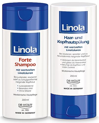 Linola Forte - Champú y acondicionador para el cabello y cuero cabelludo - 2 x 200 ml | Juego de ducha contra el picor y la psoriasis | Para un cuero cabelludo relajado y un cabello suave