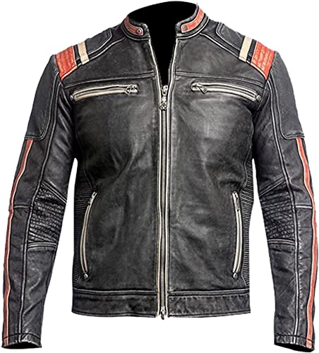 Hafsah Veste de moto en cuir véritable pour homme - Style vintage rétro, Retro 3, XL