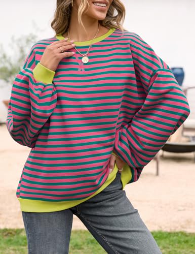 Image of UEU Women Oversized Striped Crewneck Sweatshirt Long Sleeve Color Block Pullover Tops Casual Loose Workout Shirt
