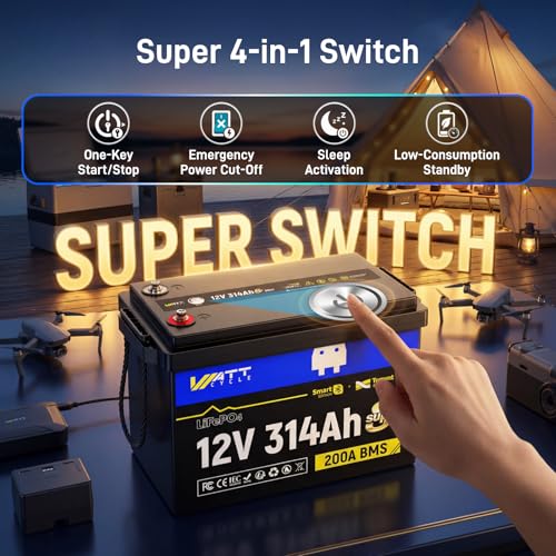 Image of WattCycle 12V 314Ah Mini LiFePO4 Lithium Battery, 200A Smart BMS, 3A Active Balancer, 4-in-1 Smart Switch, Built-in Bluetooth APP, 4.01kWh Ideal for RV, Solar, Home, Off-Grid Power