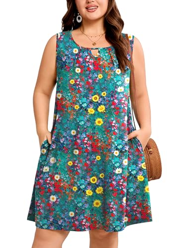Image of AusLook Plus Size Summer Midi Dress for Women Sleeveless Casual A Line Swing Dress with Pockets Keyhole Neck Beach 1X-5X