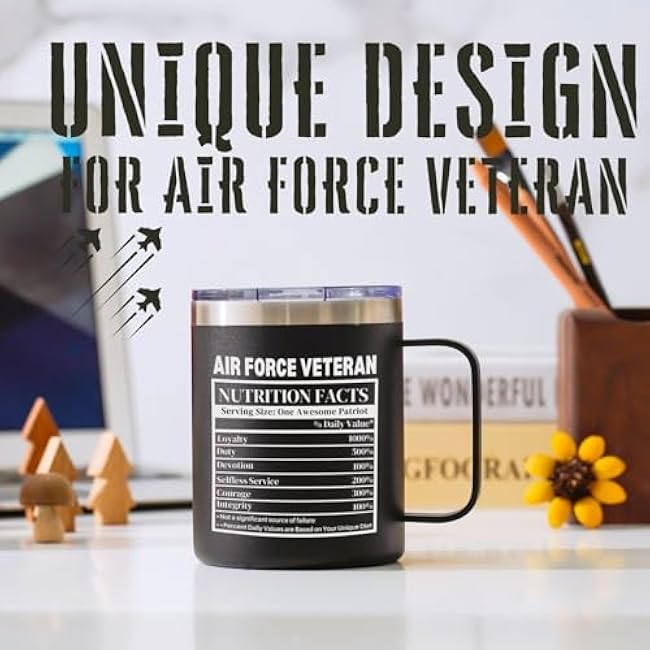 Onebttl Veterans Appreciation Gifts for Men, Nutrition Facts, Funny Coffee Mug for Husband, Dad, Grandpa, 12oz Stainless Steel Tumbler, Black, Air Force Veteran