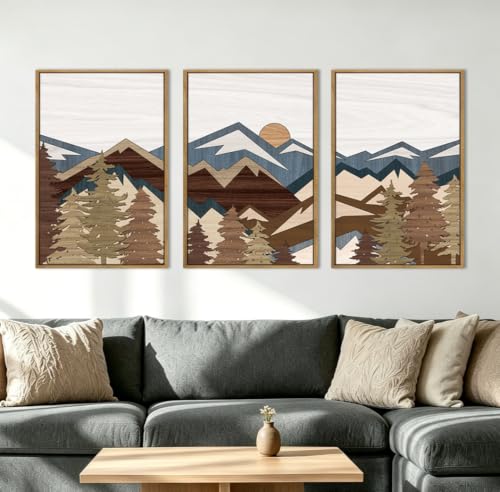 BINCUE Large Boho Mountain Canvas Framed Wall Art Set of 3 Forest Mountain Sun Wall Decor Boho Artwork for Living Room Bedroom Office 24x36 Inch Gift