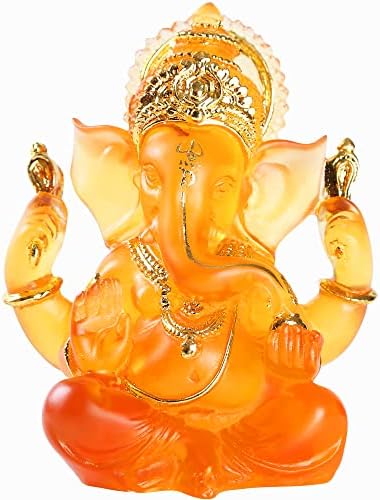 H&W 5.6''H Blessing A Orange Resin Statue of Lord Ganesha Ganpati Elephant Hindu God, Elephant God Statue, Lmitation Glass Sculpture Buddha Figurine Decoration