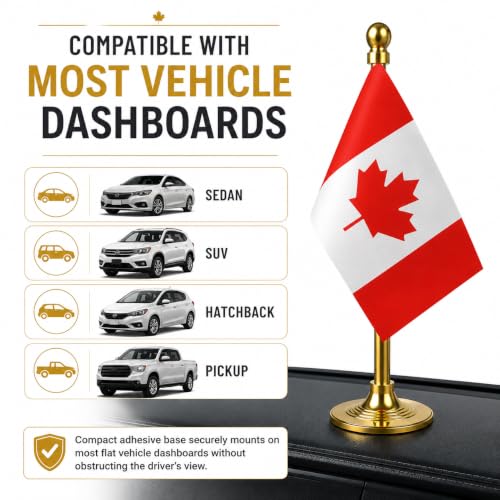 Image of The Flag Company Country flag for car dashboard | 2x3 Inch Flag with Elegant Golden Base & Pole | Car Dashboard Flag (Canada)