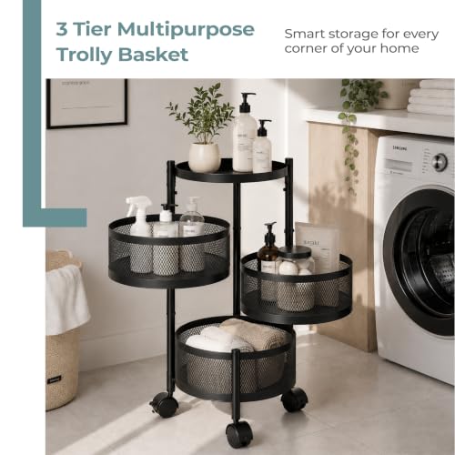 Image of Lifelong 3-Tier Multipurpose Organizer Cart with 360-Degree Rotating Wheels | Round Mesh Basket Trolley | Metal Storage Rack for Vegetables, Fruits, Utensils | Foldable Kitchen Trolley Stand