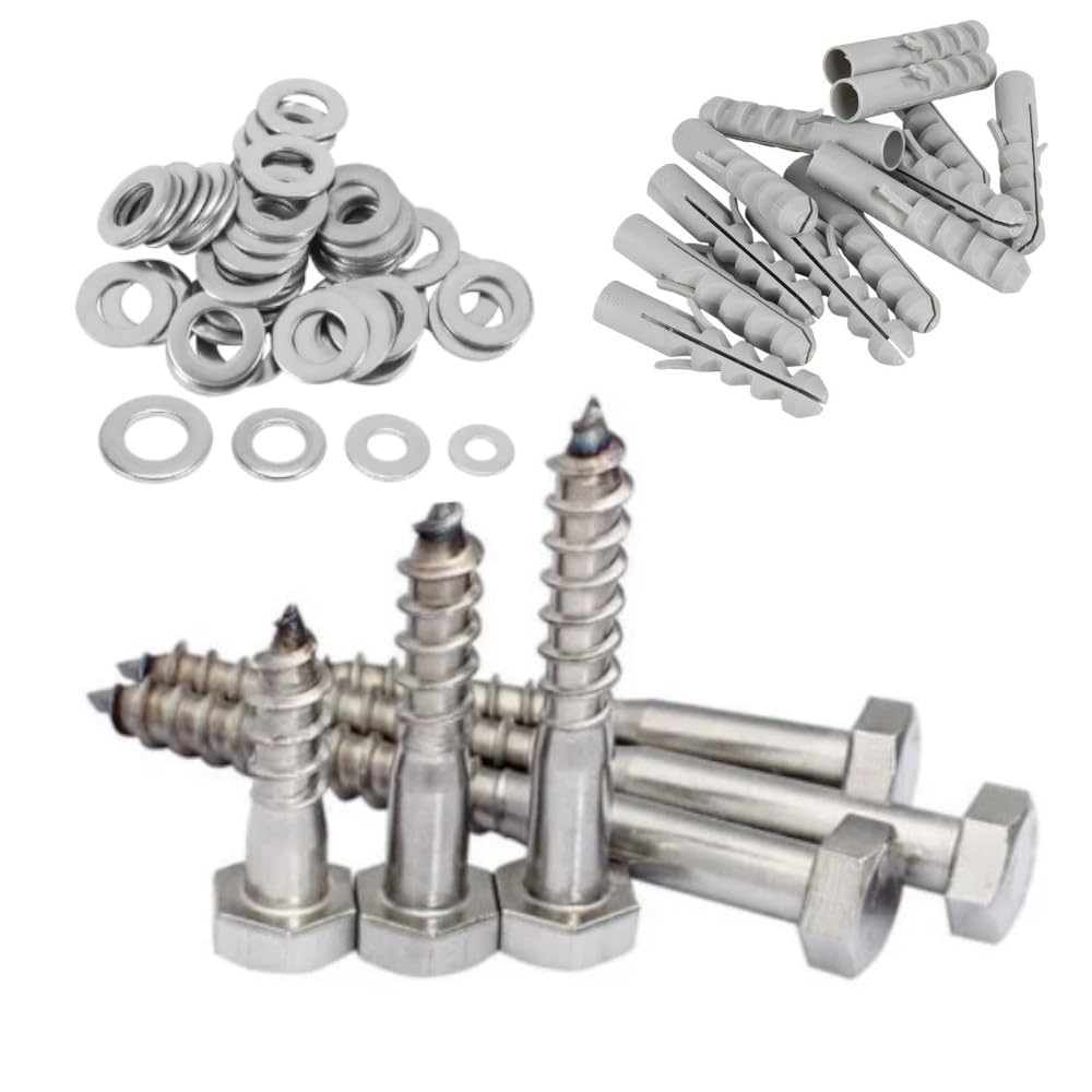 5x M5 x 40mm A2 Stainless Steel Coach Screw with Nylon Wall Plug & Washer Hex Hexagon Head Wood Screws Lag Bolts Wood Masonry Brick Wall Fixing Lag Screw Bolts for Fencing Aerial Shelves