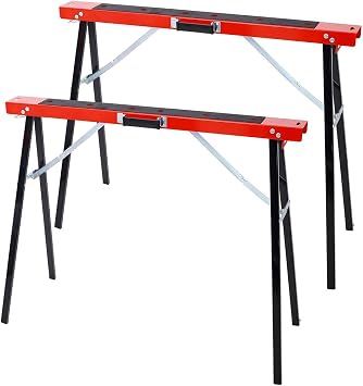 2 Pack Saw Horses,Folding Portable Work Horse with Fast Open Legs and Convenient Handle,Heavy Duty Steel Sawhorse Table for Garage, Workshop, Fully Assembled,Red