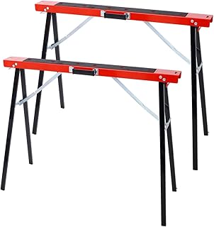 2-Pack Folding Sawhorses, Lightweight & Portable Metal Work Horse with Convenient Handle and Fast Open Legs, Heavy Duty Steel Sawhorse for Garage Workshop Fully Assembled,Red