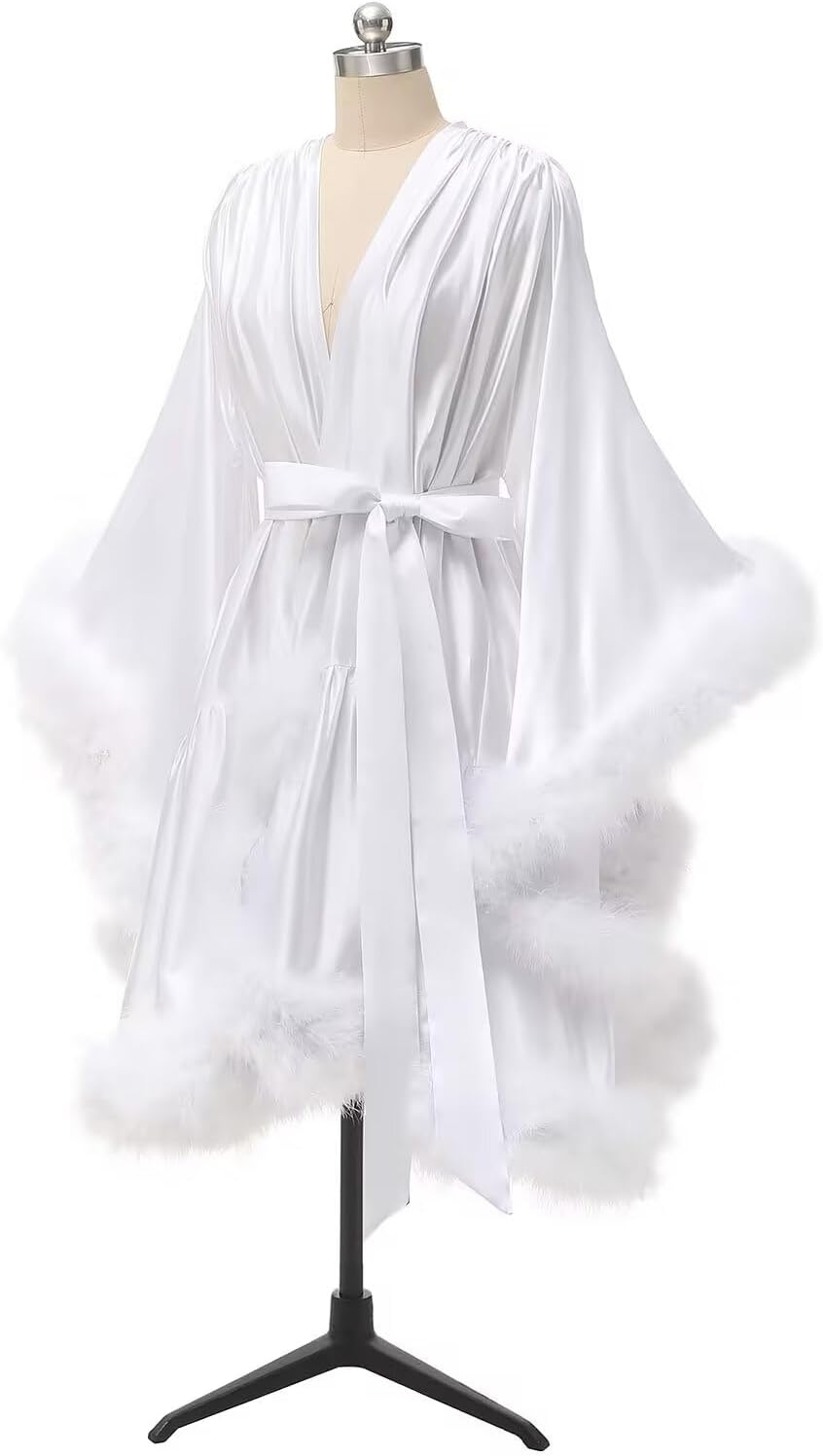Women's Feather Fur Robe Silk Satin Bridal Dressing Gown Short Lingerie Nightgown Bathrobe Sleepwear Maternity Robe