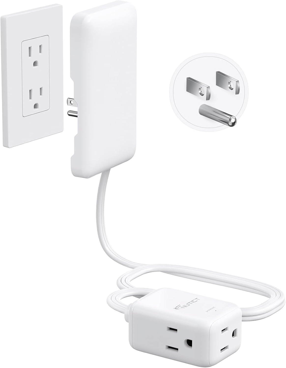 NUTICT Flat Extension Cord with 3 Outlets, 3FT Short Extension Cord Flat Wall Plug & Ultra-Thin Outlet Cover, 900J Surge Protection, 13A/1625W, ETL Listed, White Outlet Extender for Kitchen Bathroom