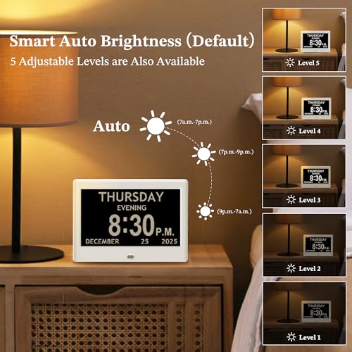 Image of 7'' Dementia Clock For Seniors, Large Display Digital Clock With Date, Time, Day Of Week for Elderly, Alzheimer, 1024*600P HD, 10 Reminders & 8 Alarms, Auto Dimming & DST, Remote Control, White