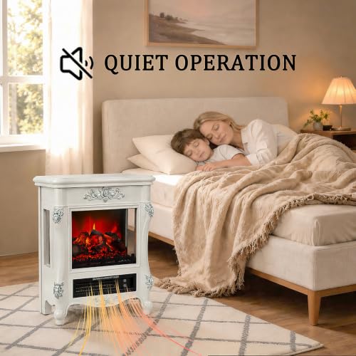 Image of FESTIVITY 18 inch Electric Stove Fireplace, 1500W Thermostat with 5100 BTU Heat Output, Adjustable Flame & Brightness Levels, Portable Electric Fireplace for Bedroom & Living Room-White & Silver