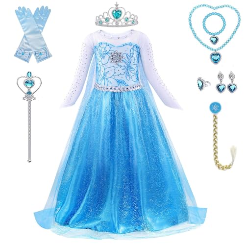 PABTID Robe Elsa de Princesse Fille - Elsa Déguisement avec Couronne Collier Ensemble - Jupe Tulle Longue Elsa Reine des Neiges pour Noël Carnaval Anniversaire Cosplay Fête De Mariage Costume (120)