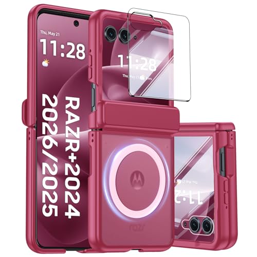 oupeigar Magnetic for Motorola Razr+ Plus 2026,Razr+ 2025/2024 Case,Hinge Protection, Screen Protector, Compatible with MagSafe, Translucent Frosted, Shockproof Cover for Razr+ 2026/2025/2024-Rose Red