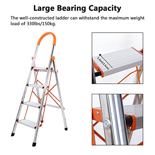 4-Step Stool Ladder Portable Folding Anti-Slip with Rubber Hand Grip 330lbs Capacity,Silver Household Stepladders