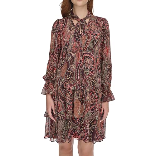 Tommy Hilfiger Vestido feminino de manga comprida e gola redonda com babados e punho de galinha, ber