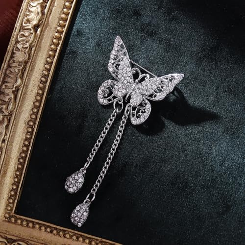 Image of Gold /Silver Butterfly Brooches for Women Rhinestone Tassel Butterfly Pin Brooch Dainty Crystal Lapel Pin Animal Insect CZ Brooch Lapel Pin for Coats Jackets Sweaters Accessories