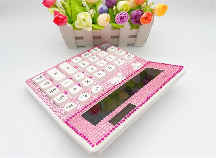 Desktop Calculator Rhinestone Calculator, Crystal Dazzling Calculator 12 Digit Solar and Battery Dual Power Large LCD Display Standard Desktop Calculator for Women and Girl, Pink