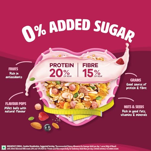 Image of Saffola Muesli 0% Added Sugar Berry Crunch 700 gm | High Protein & High Fibre to help Manage Weight | Muesli with Flavour Pops