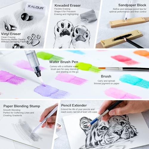 KALOUR PDAS 112 Drawing Set Sketching Kit, Pro Art Supplies with 3-Color Sketchbook & Coloring Book, Neon, Colored, Watercolor, Metallic, Graphite, Charcoal Pencils, Gift for Artists Adults Teens - Thumbnail 7