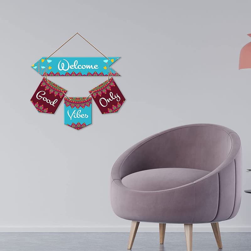 Image of Welcome Good Vibes Quote Decorative Wall Art MDF Wooden Wall Hanger for Living Room | Bedroom | Gifts | Wooden Home Decor Items | Welcome Sign Decoration Quotes Items