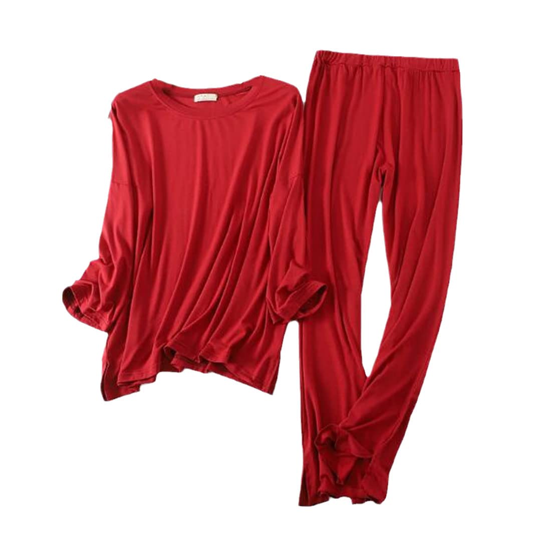 Conjunto de pijama de manga larga de algodón modal cómodo de otoño e invierno para mujer rojo vino L, rojo vino, L