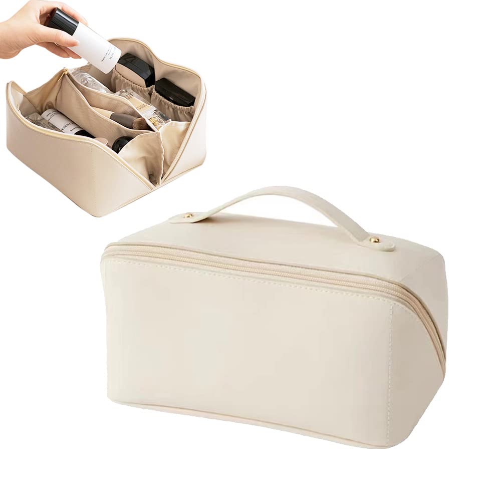 Large Capacity Travel Cosmetic Bag,Leather Makeup Bag Waterproof Portable Cosmetic Bag Toiletry Bag for Skincare Cosmetics Toiletries with Handle and Divider (C)