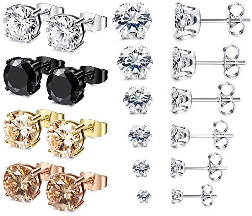 FIBO STEEL 10 Pairs Stainless Steel Stud Earrings for Men Women Ear Piercing Earrings Cubic Zirconia Inlaid,3-8 mm