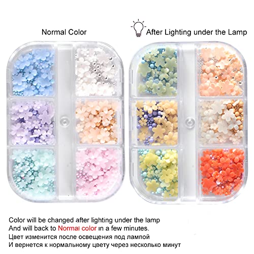 3D Flower Nail Charms Macaron Color 6 Grid Boxed Pearl Light Floral Nail Accessories Acrylic Flowers For Nails Light Change Pink White Blue Cherry Blossom Nail Art Supplies Manicure Diy Nail Decorations #TOP5