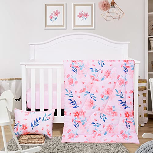 Image of JISEN 3 Piece Crib Bedding Set Crib Quilt Crib Sheet Pillowcase - Soft Microfiber Printed Nursery Set for Baby Boys or Girls Pink Flowers