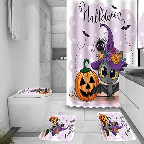 Rlhhug Halloween Pumpkin And Cute Bat Shower Curtain Sets, Bath Curtain With Accessories And Bath Rugs And Toilet Contour Mat #TOP5